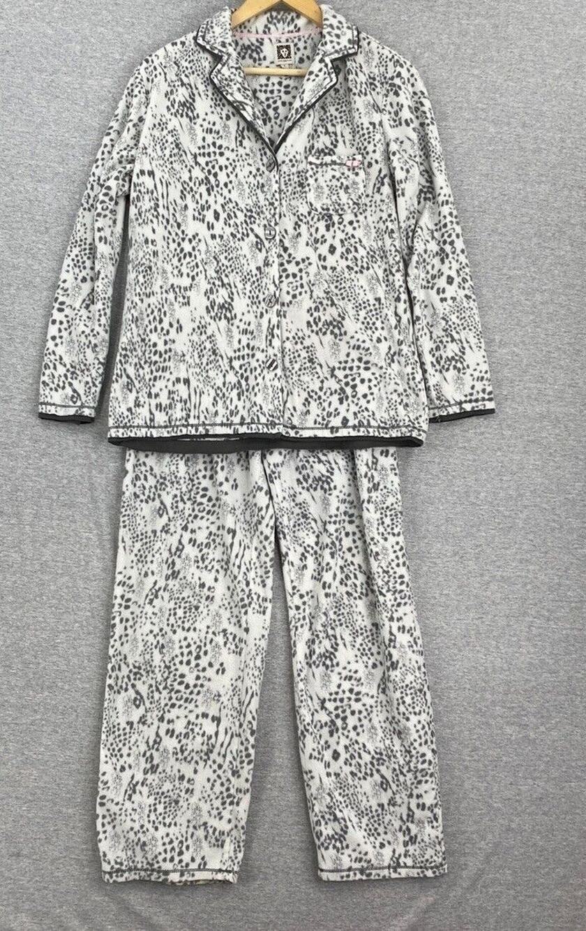 Anne Klein Pajama Set Womens Small White Black Fleece Animal Print PJ Lounge